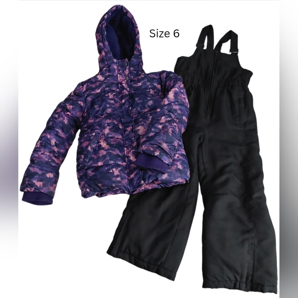 Kids Purple and Black Winter Coat & Black Snowbib Set Size 6